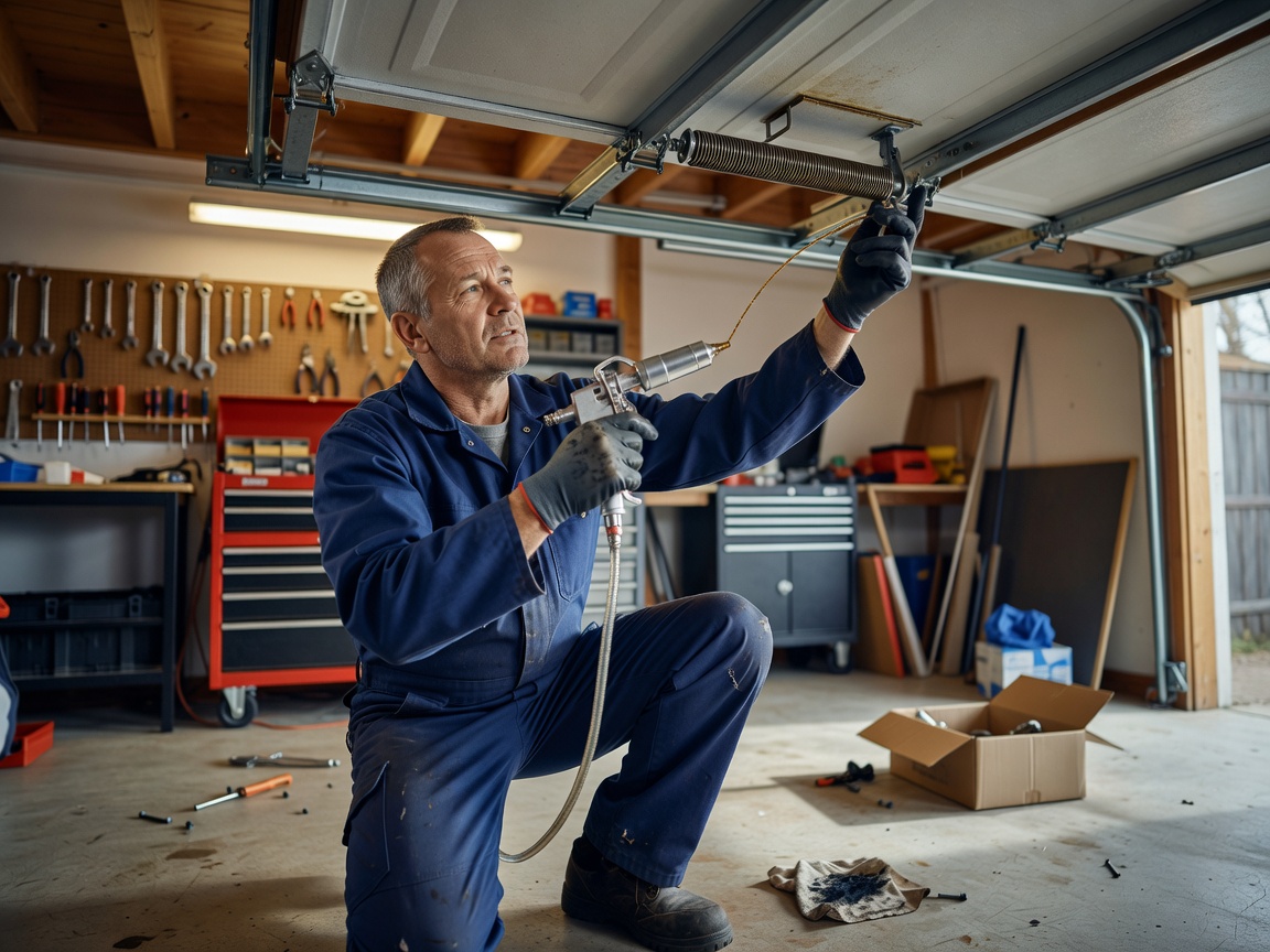 Certified service technician lubricating tracks and calibrating garage door mechanism