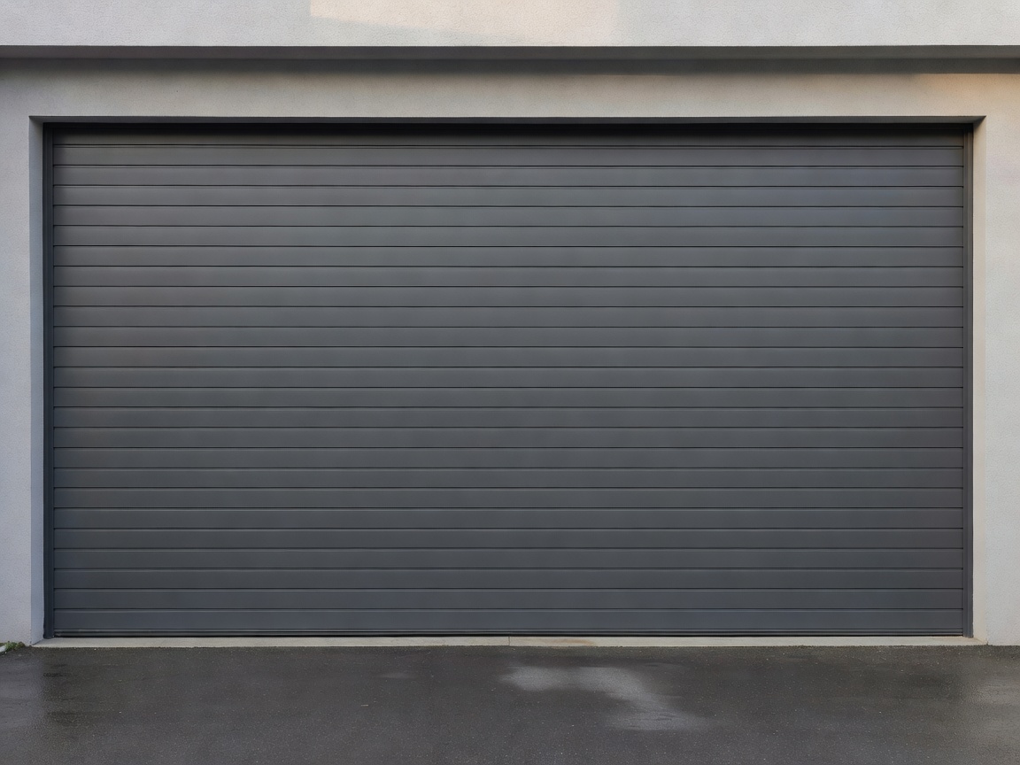 Anthracite gray modern sectional garage door installed in residential home opening