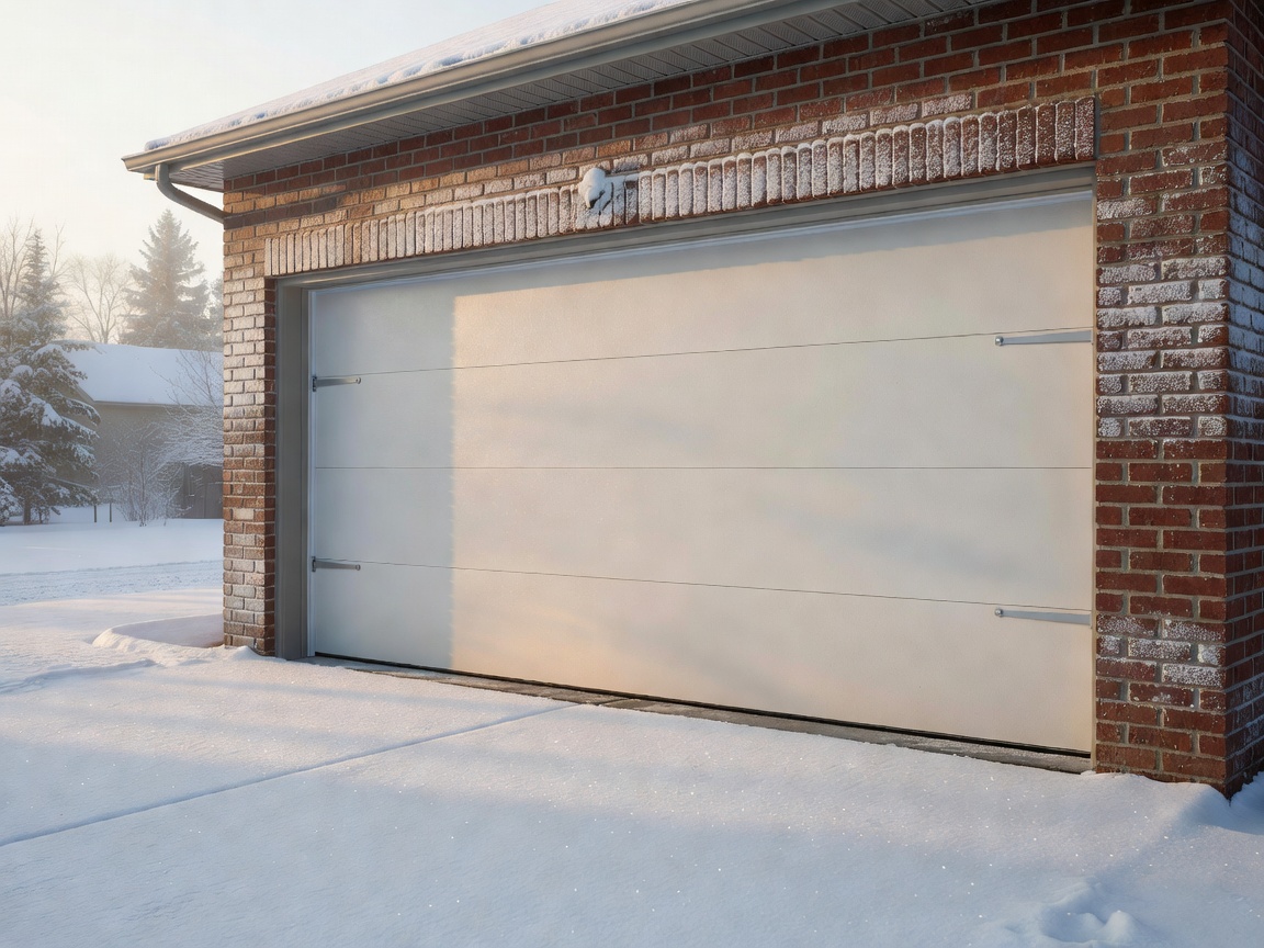 Heated residential garage with new sectional door in winter daylight