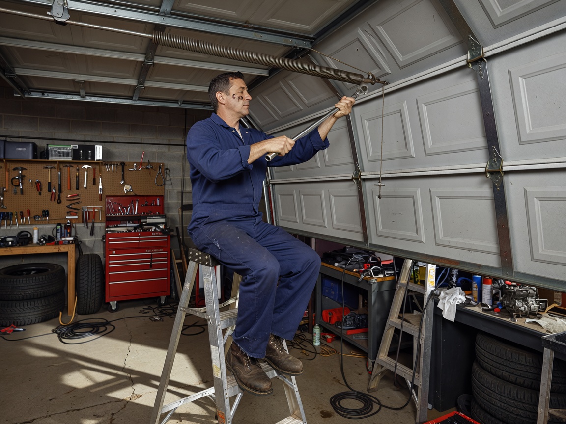 Technician replacing broken garage door torsion spring and cables