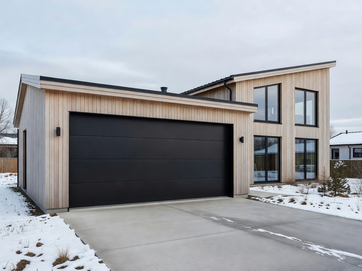 Modern black sectional garage door installed on a Nordic detached home