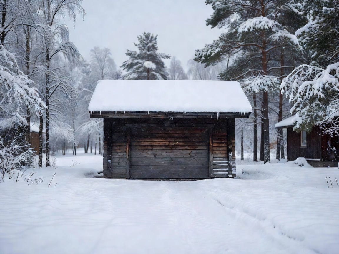 Detached Nordic home garage on a snowy winter day in Finland